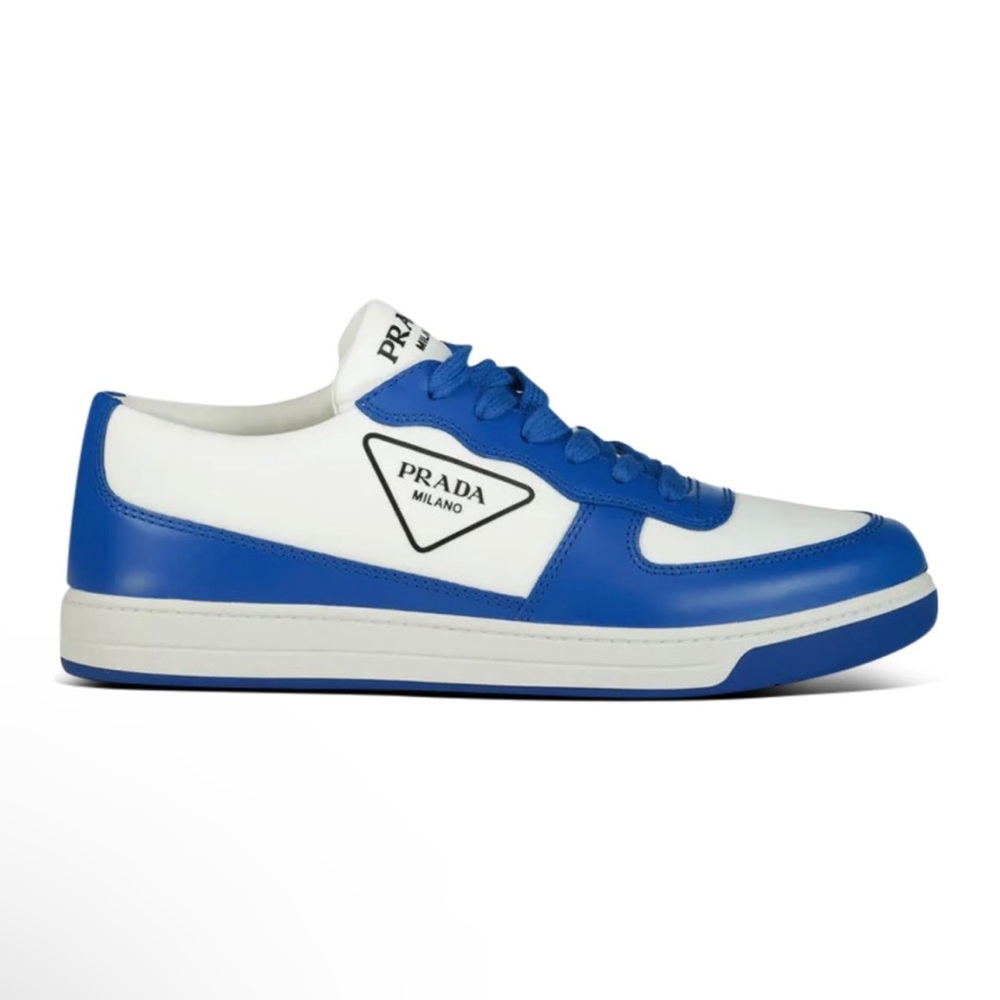 PRADA LEATHER TRIANGLE LOGO BLUE & WHITE TRAINERS